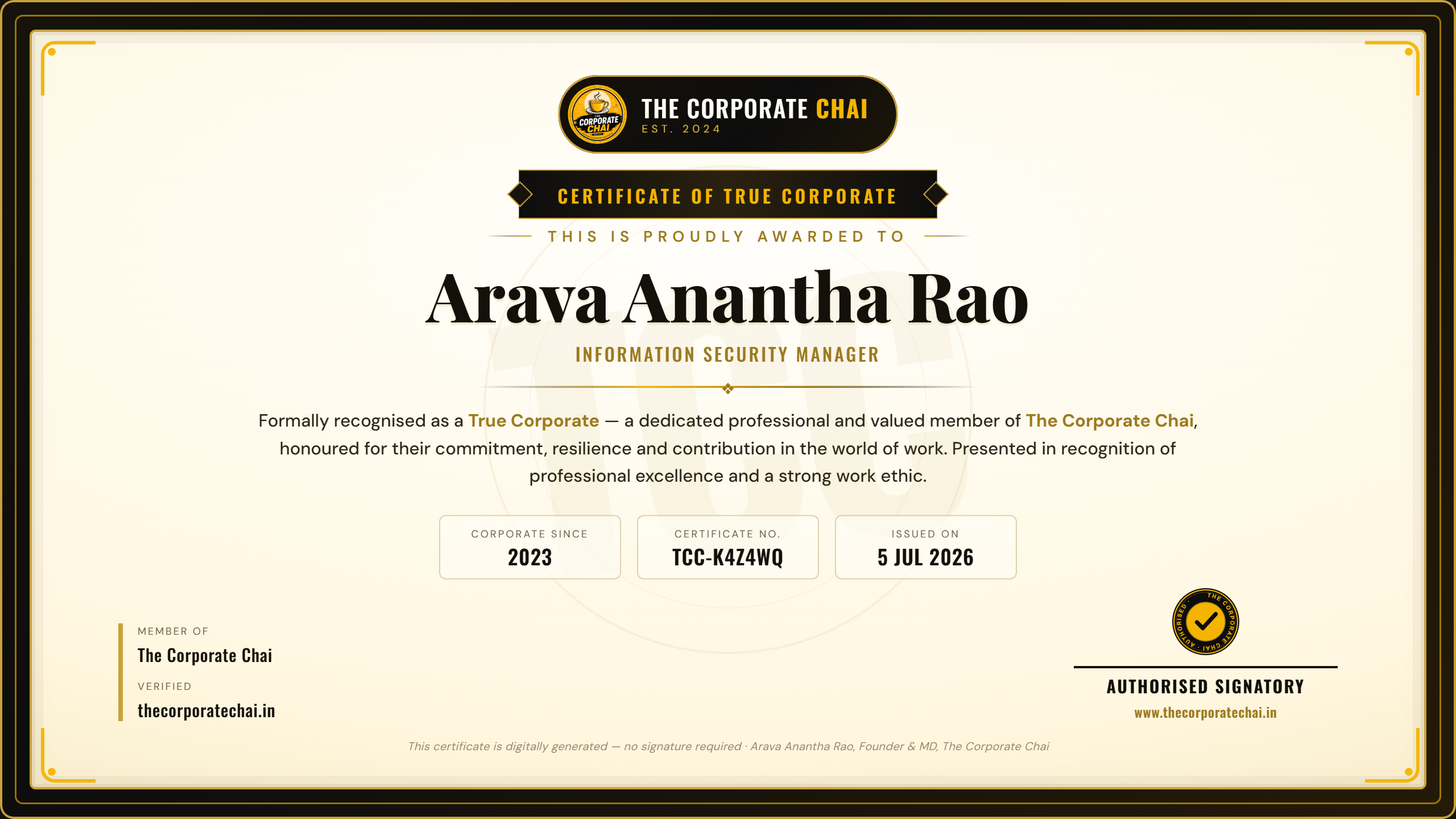 Certificate of True Corporate — The Corporate Chai